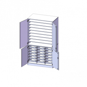 Bastelschrank, 5 Ordnerhöhen - Serie evo180 B/H/T: 104,5x190x60 cm, 4-türiger Schrank mit 18 flachen ErgoTray Boxen, 8 EB, zweiteilig, mit Sockel (81 mm)-image