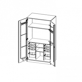 Musikschrank, 5 Ordnerhöhen - Serie evo180 B/H/T: 104,5x190x60 cm, Türen mit Instrumentenhalterungen, mit 8 ErgoTray Boxen, mit Sockel (81 mm)-image