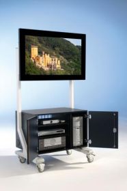 TV Wagen, TV Rack für Fernseher bis 70 Zoll mit großem Unterschrank, Holztüren ScreenCart XL, feste Halterung-image