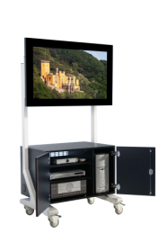 TV Wagen, TV Rack für Fernseher bis 70 Zoll mit großem Unterschrank, Glastüren ScreenCart XL, feste Halterung-image