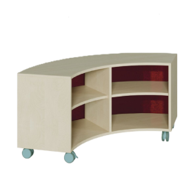 Korpus-Regal auf 1/4-Kreis-Grundriß, Rückwand aus farbiger Plexiglasplatte Bogenregal auf 90°, B/H/T: 140x62.5x57 cm, mit 4 Zwischenböden, Plexiglasmaterial als Rückwand-image