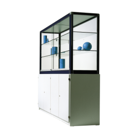 Glasvitrine V7 mit Unterschrank, Vitrine aus Sicherheitsglas H/T: 180x50 cm, Breite, Korpusdekor, Rückwandmaterial und Rahmenfarbe wählbar-image